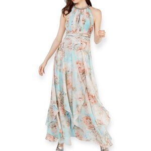 Calvin Klein Floral Pleated Halter Gown Dress Size 14 Blue Pink Maxi Party Dress